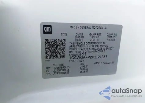 2023 Chevrolet Express Cargo Rwd 2500 Regular Wheelbase Wt z USA, uszkodzony, nr VIN 1GCWGAFP2P1121357